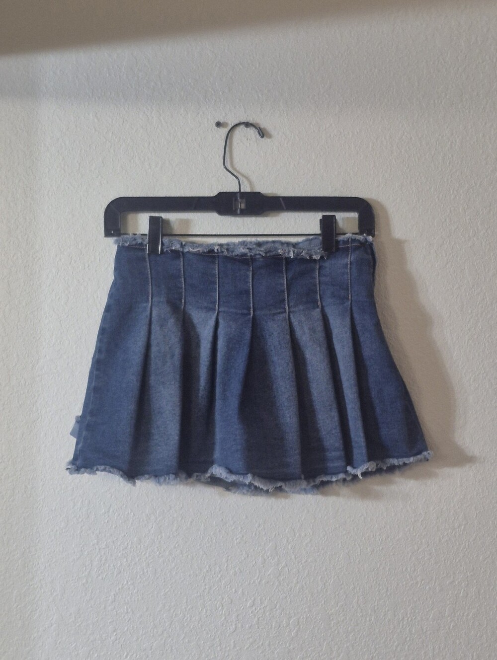Denim Pleated Circle Mini Skirt in Dark Blue